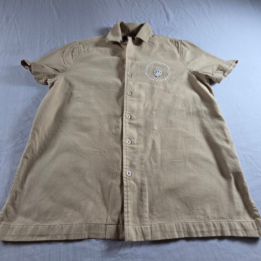 Eighty Eight Brand Tan Skeleton Peace Hand Graphic Short Sleeve Button Down S
